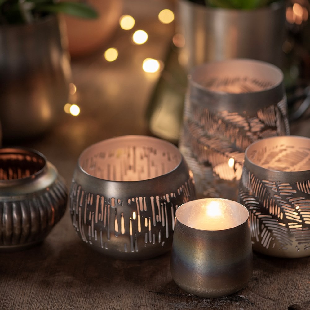Etched burnt silver tealight holder