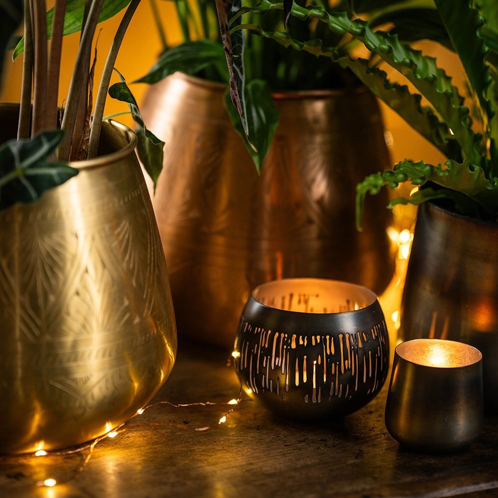 Etched burnt silver tealight holder
