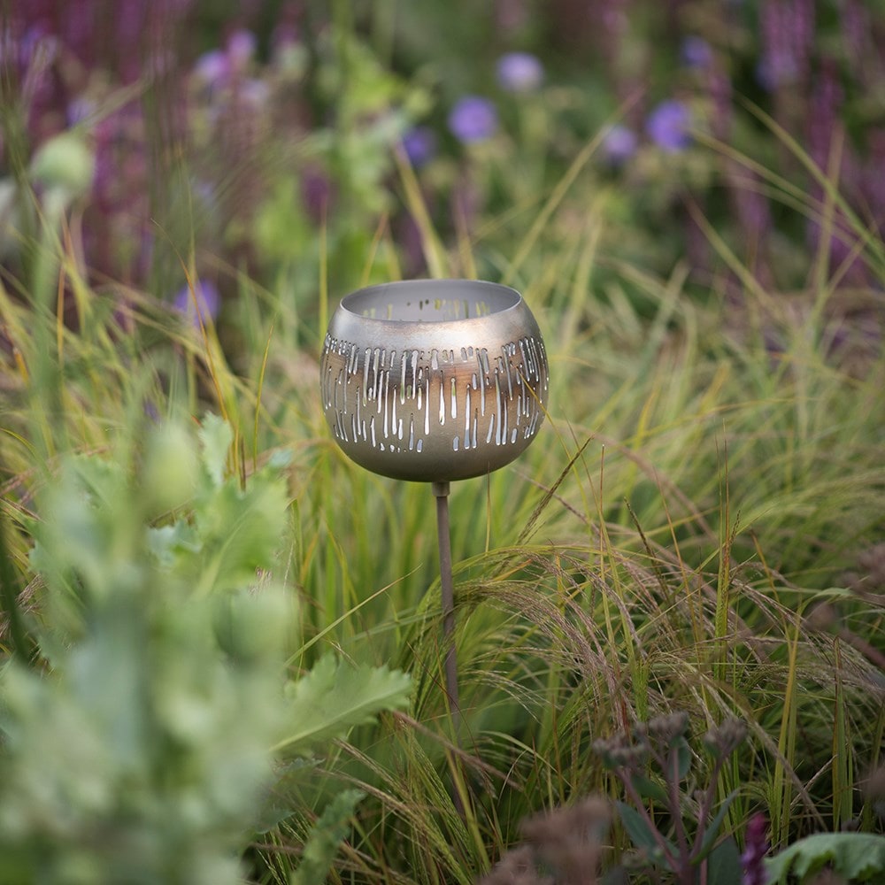 Etched burnt silver tealight holder stake