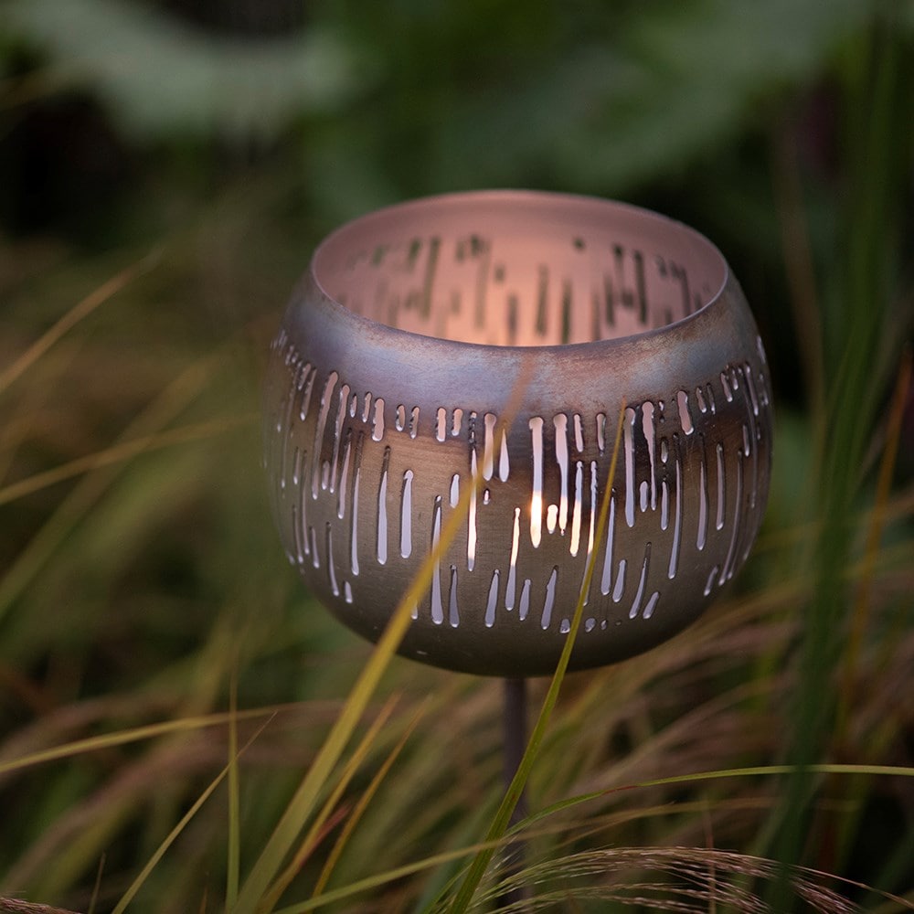 Etched burnt silver tealight holder stake