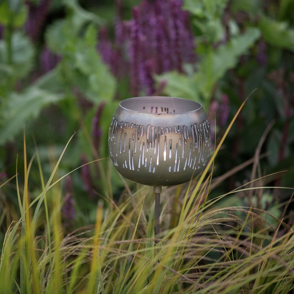 Etched burnt silver tealight holder stake