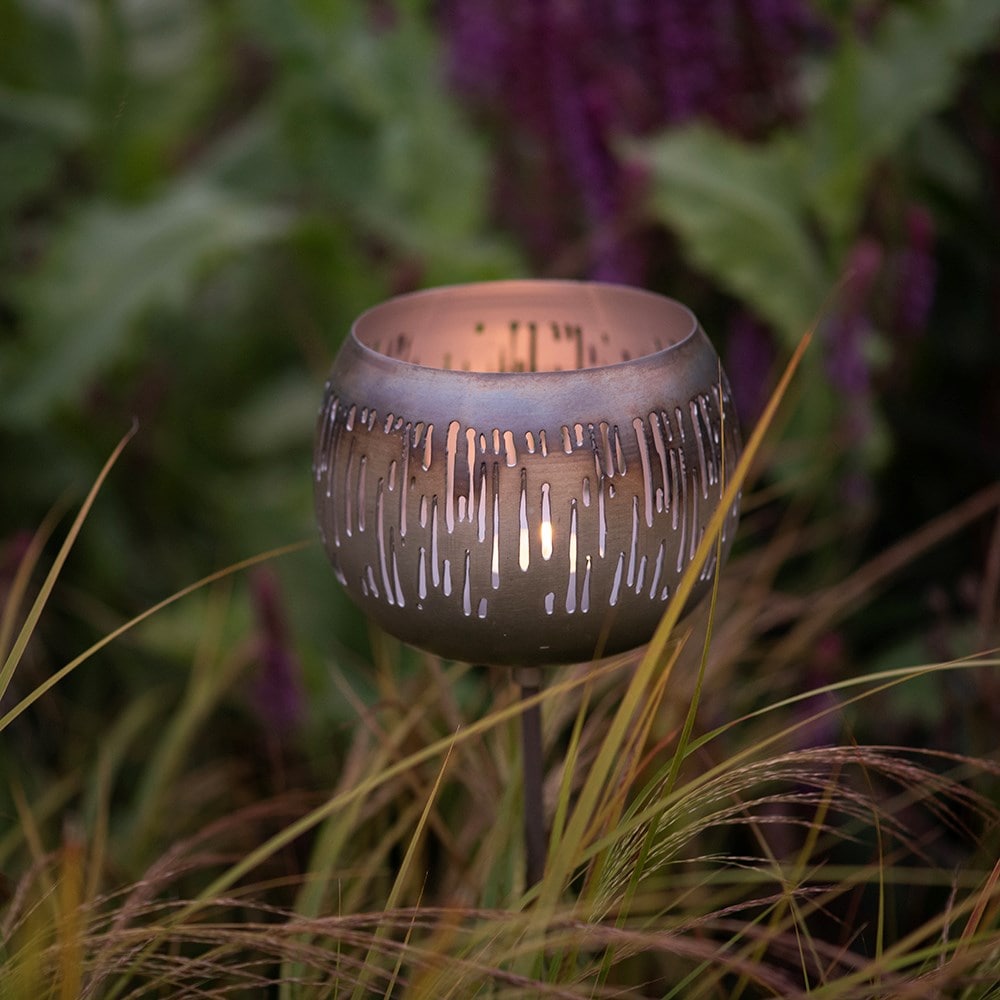 Etched burnt silver tealight holder stake