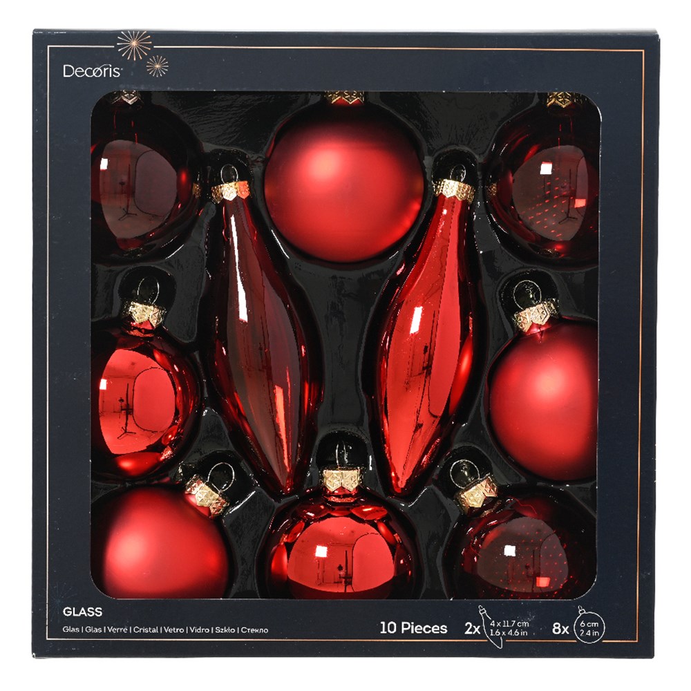 Red glass shaped baubles - box of 10