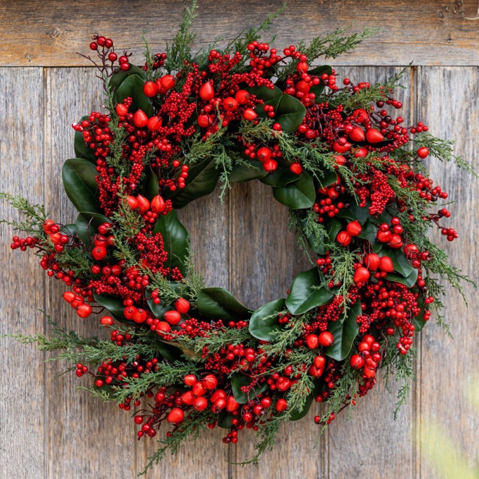 Opulent red berry and foliage wreath