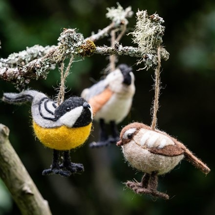 Three felt woodland birds