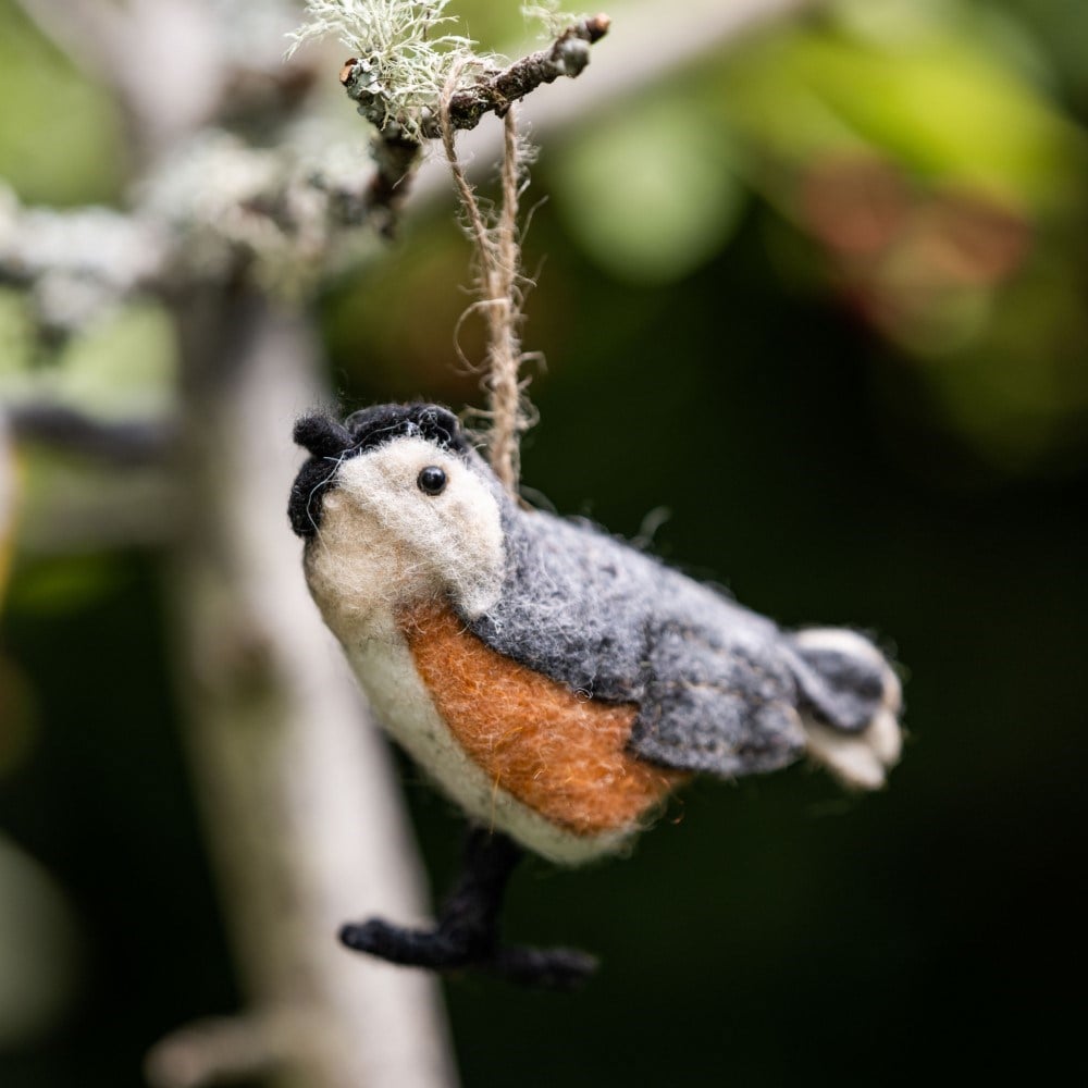 Three felt woodland birds