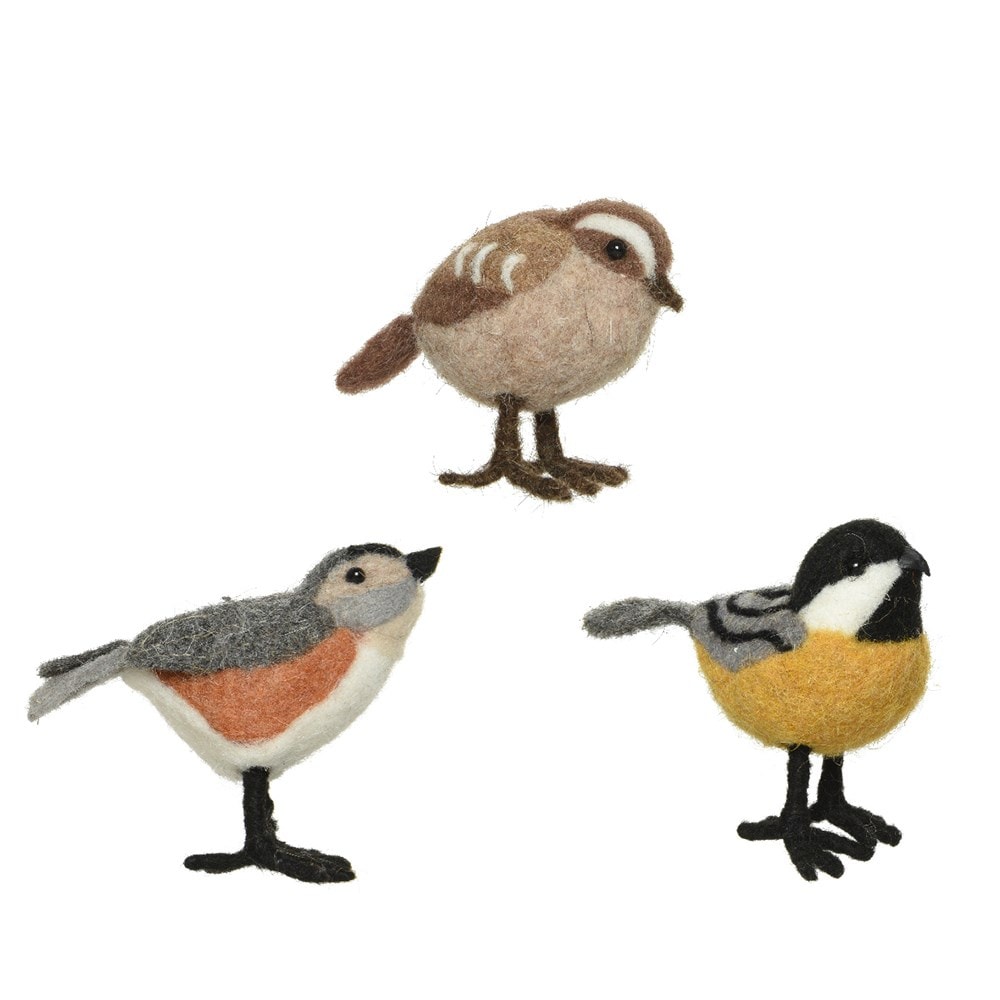 Three felt woodland birds