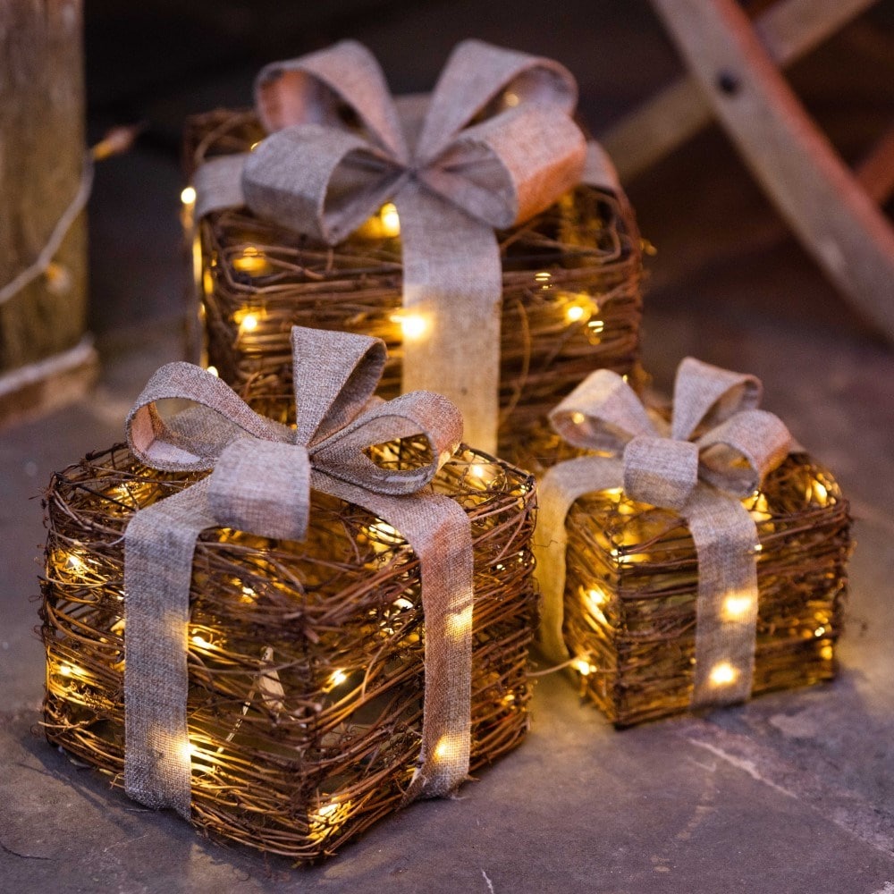 Three light up rattan gifts
