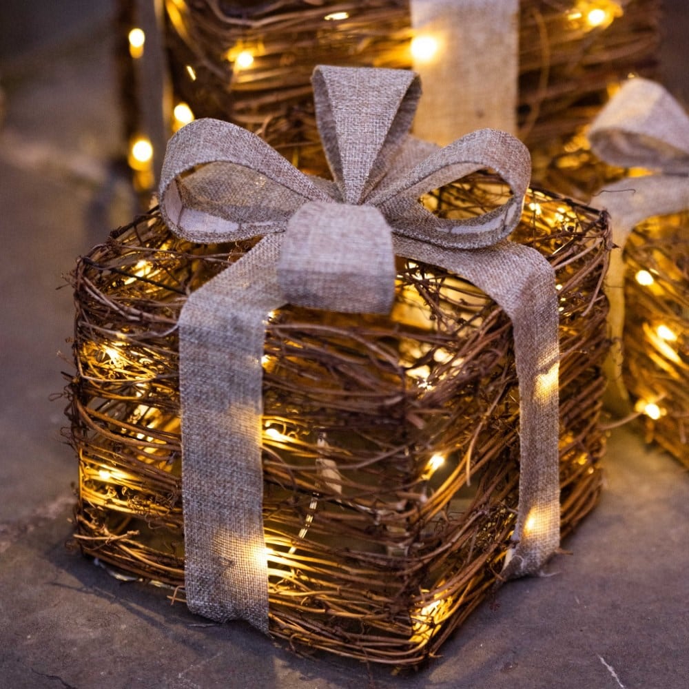 Three light up rattan gifts