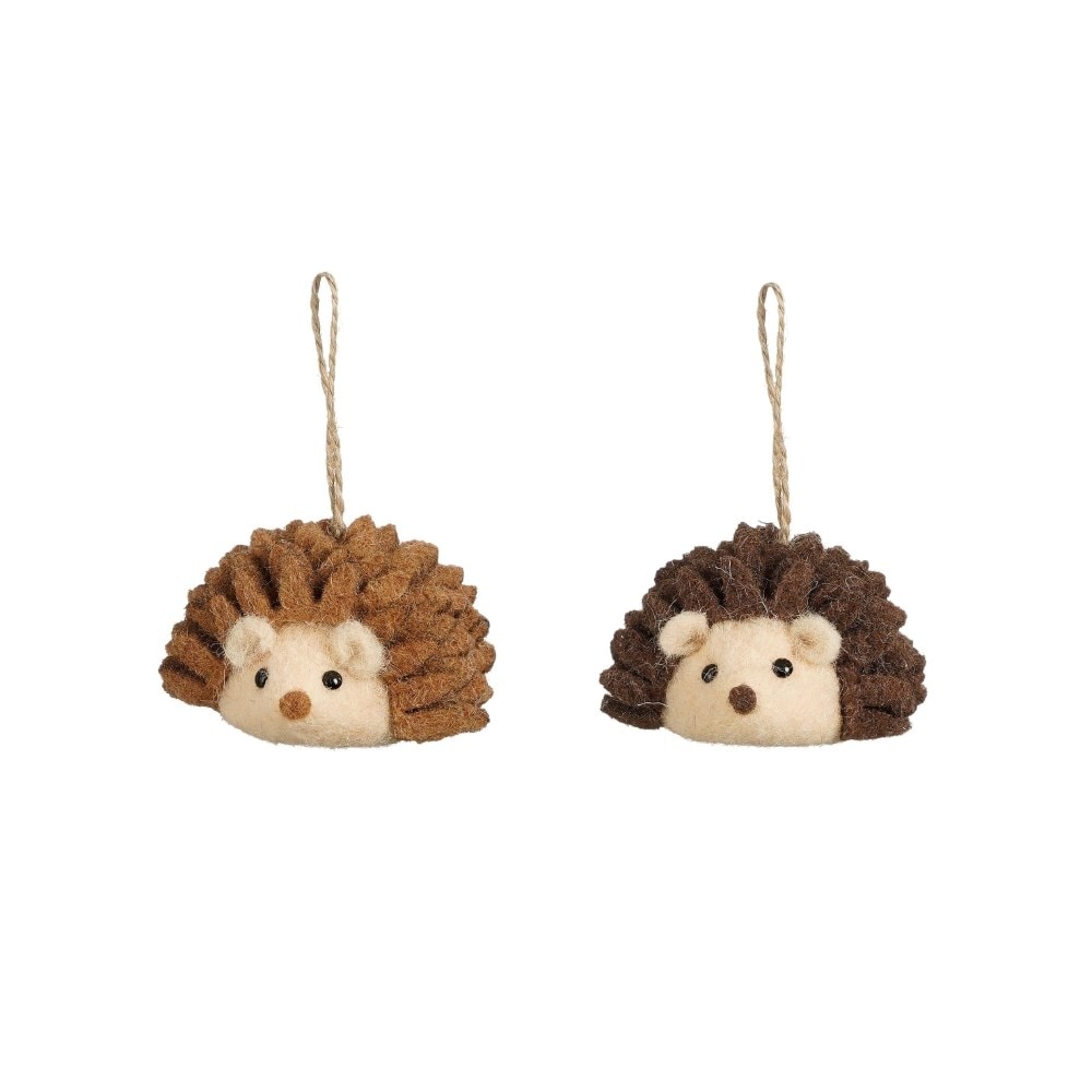 Two hanging felt hedgehogs