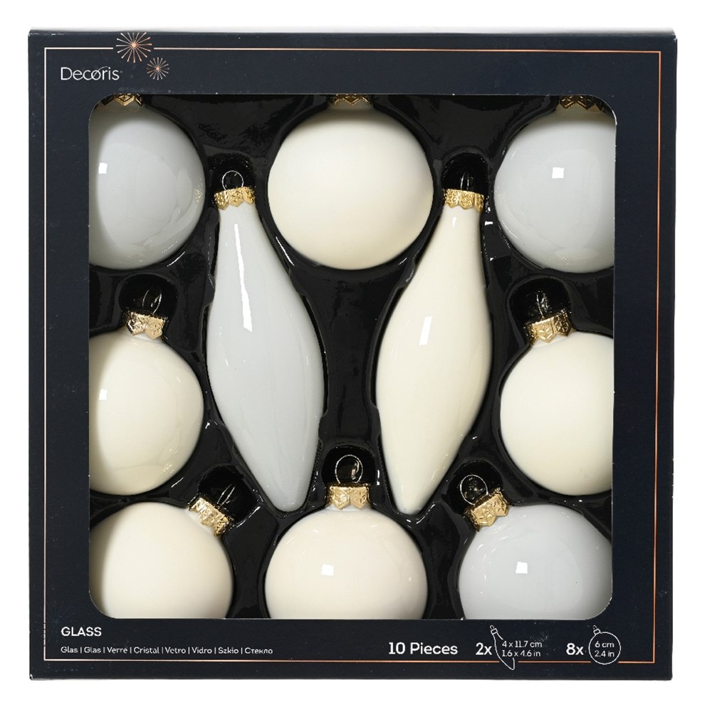 Cream glass shaped baubles - box of 10