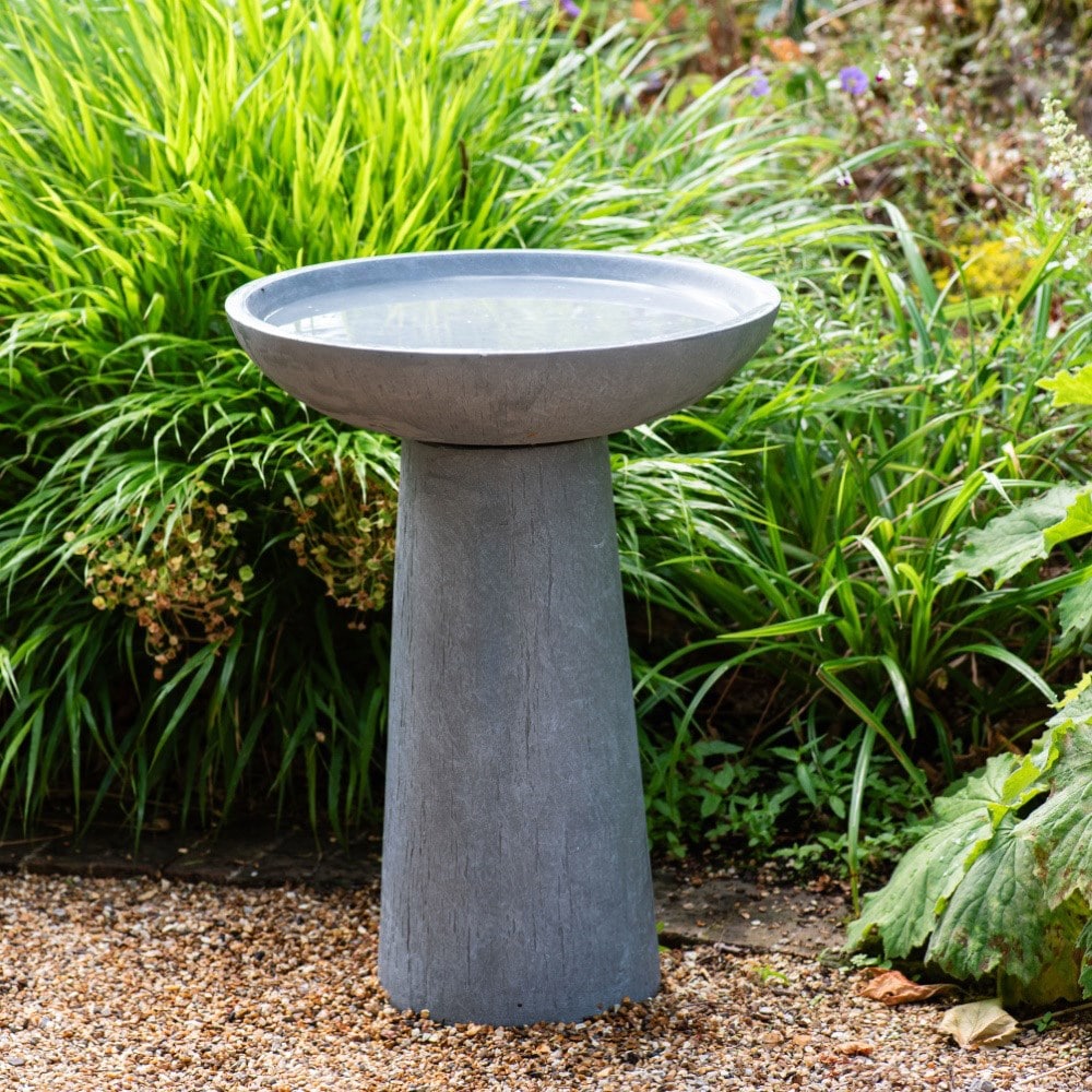 Rustic standing fibreclay bird bath - slate grey