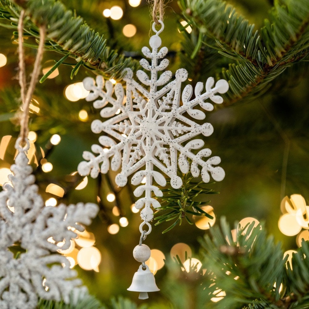 Two white metal snowflakes