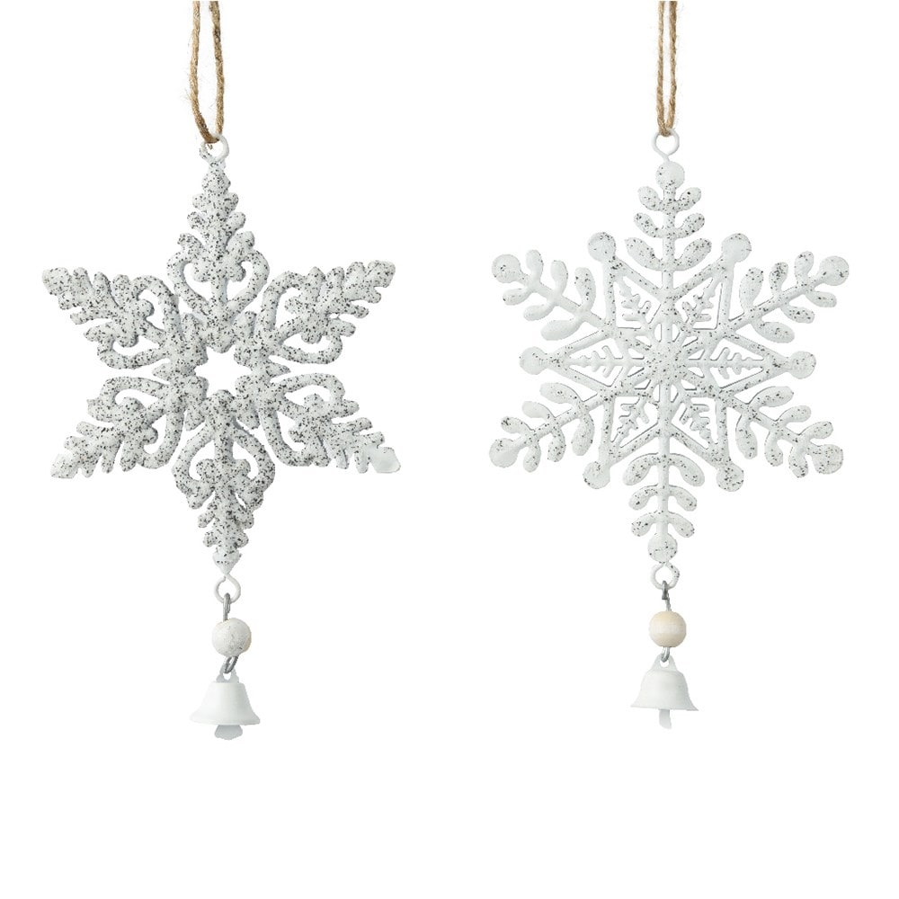 Two white metal snowflakes