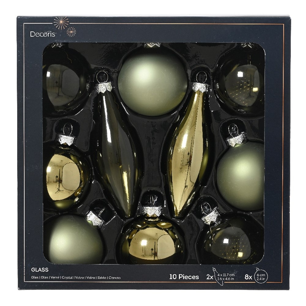 Green glass shaped baubles - box of 10