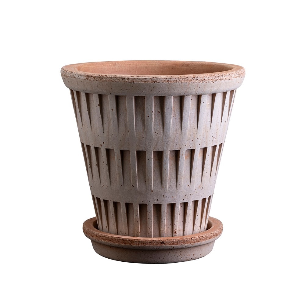 Geometric design tapered plant pot with saucer - terracotta
