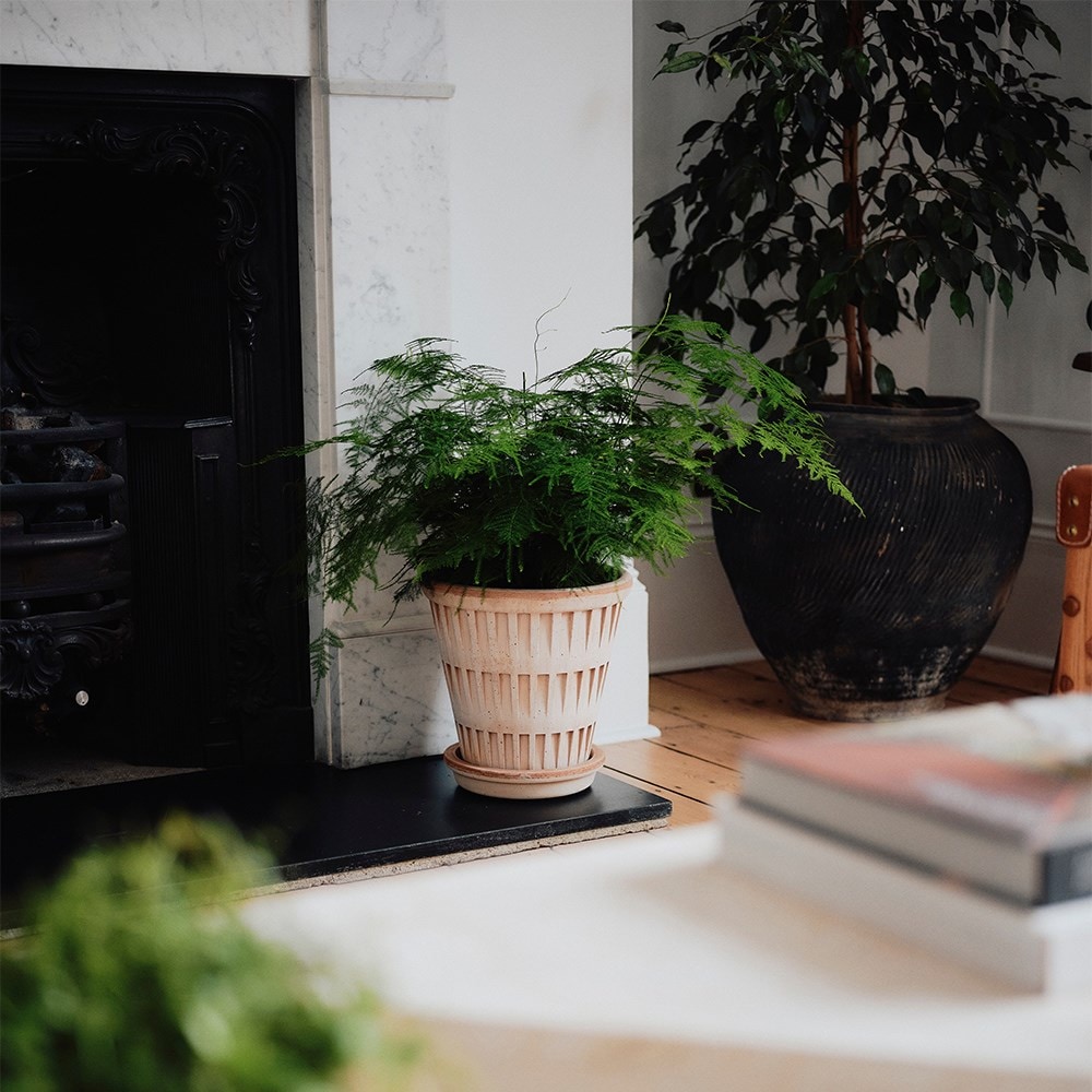 Geometric design tapered plant pot with saucer - terracotta