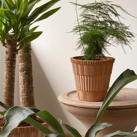 Geometric stripe design tapered plant pot with saucer - terracotta