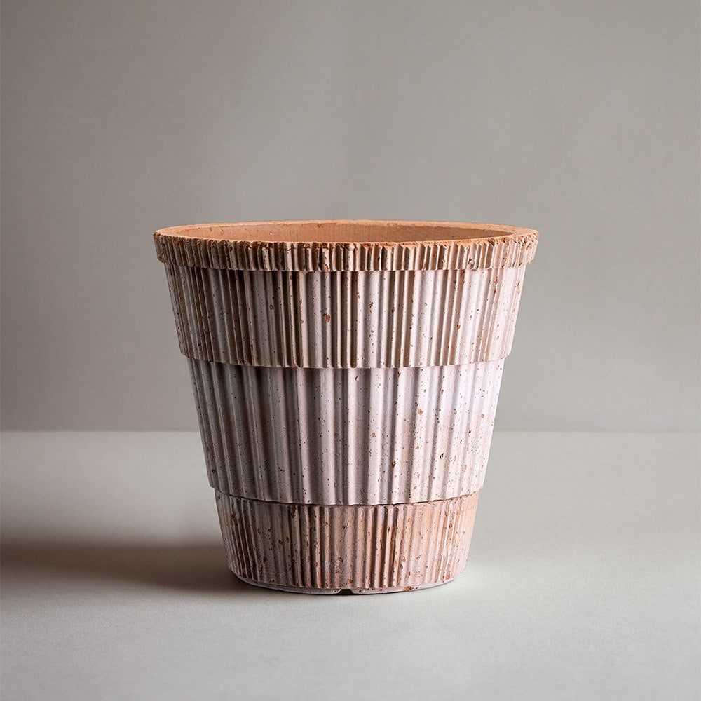 Geometric stripe design tapered plant pot with saucer - terracotta