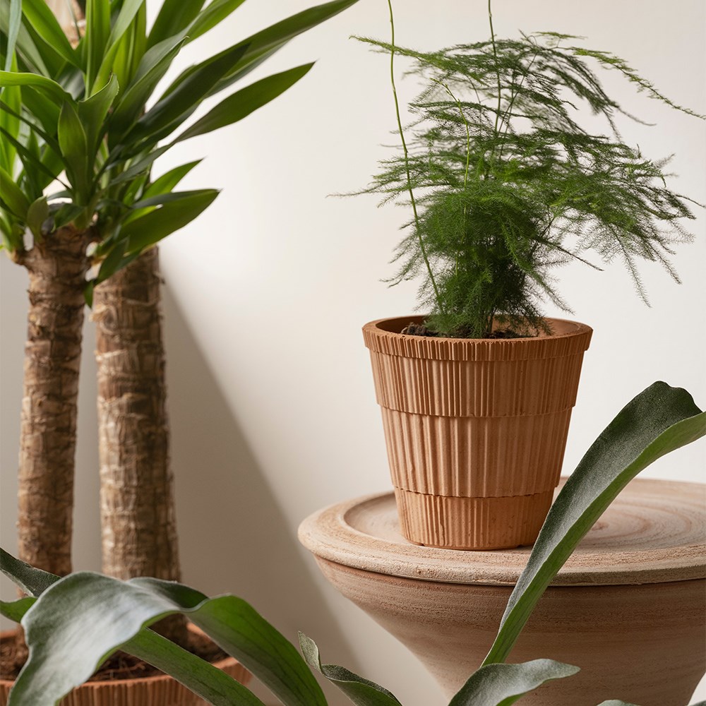 Geometric stripe design tapered plant pot with saucer - terracotta