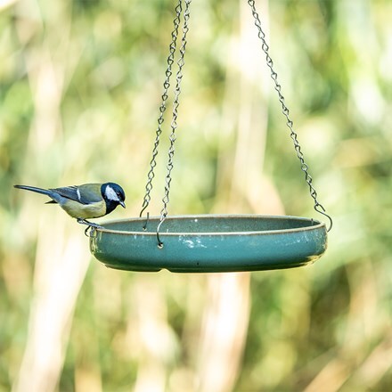 Ceramic hanging water bath & bird  feeder - green