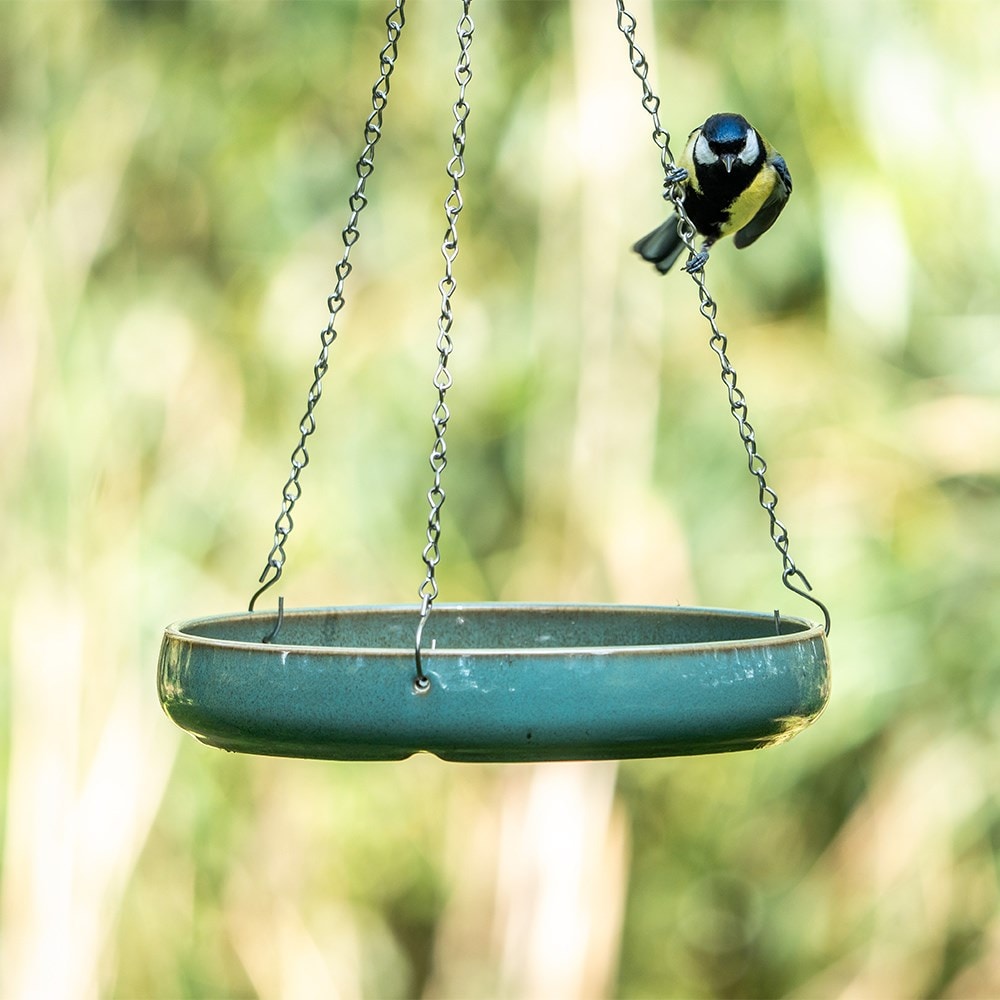 Ceramic hanging water bath & bird feeder - green