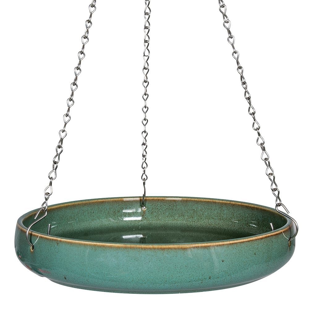 Ceramic hanging water bath & bird feeder - green