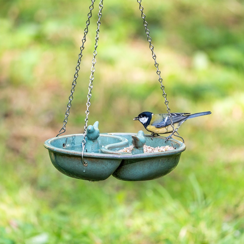 Ceramic hanging water & feeding dish - green