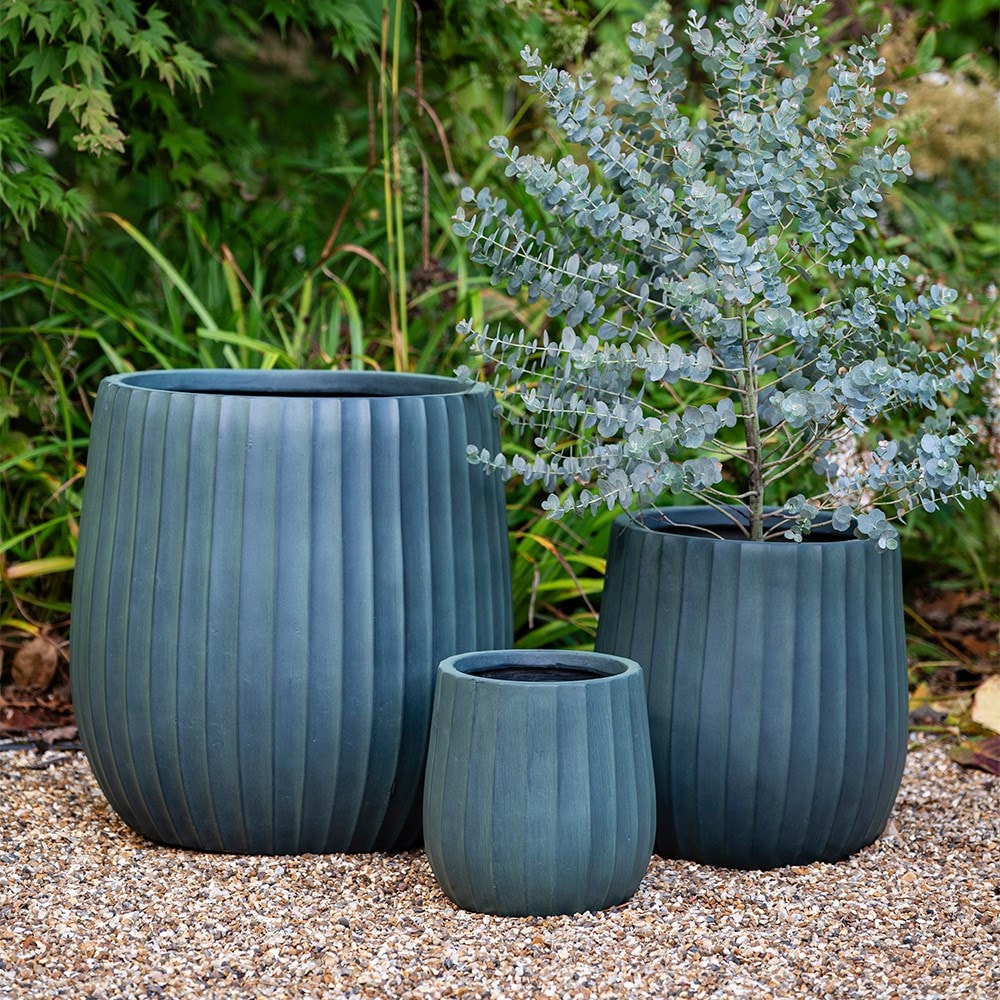 Set of three column ribbed pots - dark teal