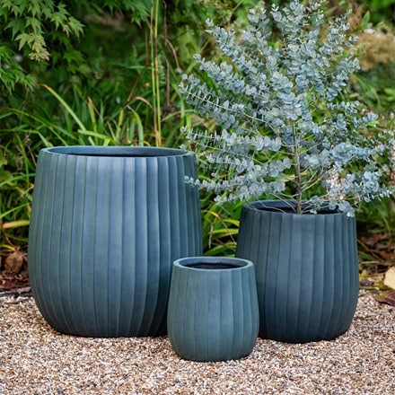 Set of three column ribbed pots - dark teal