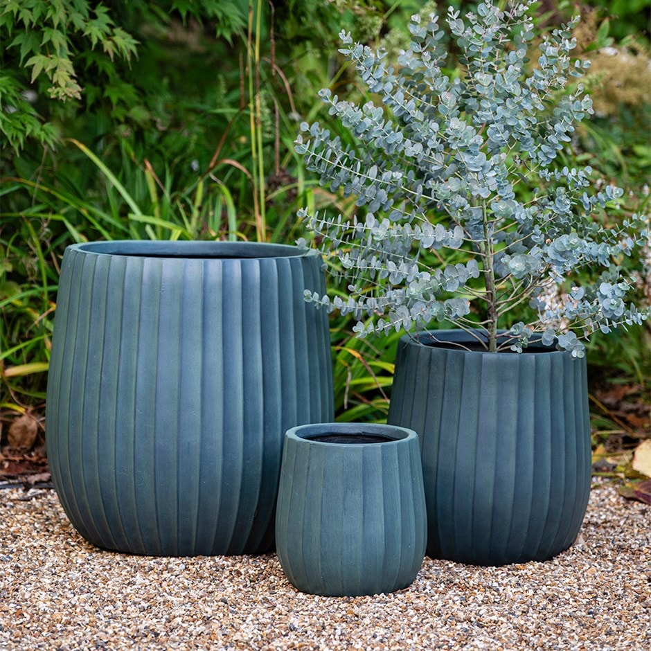 Set of three column ribbed pots - dark teal