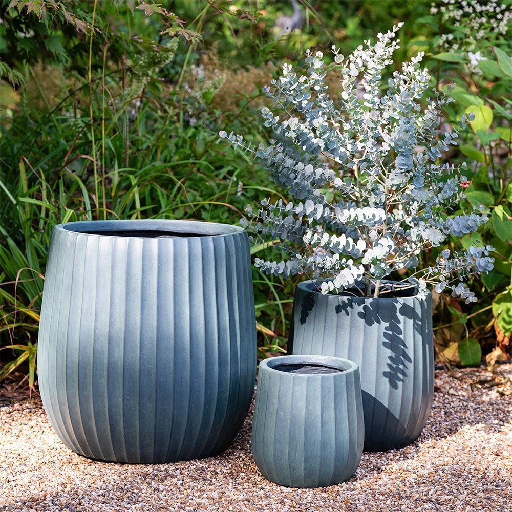 Set of three column ribbed pots - dark teal