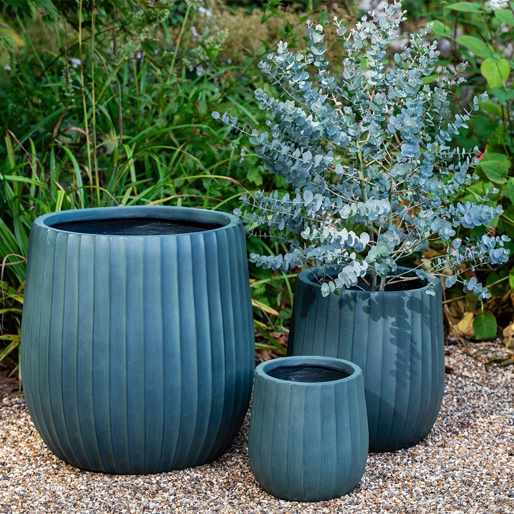 Set of three column ribbed pots - dark teal