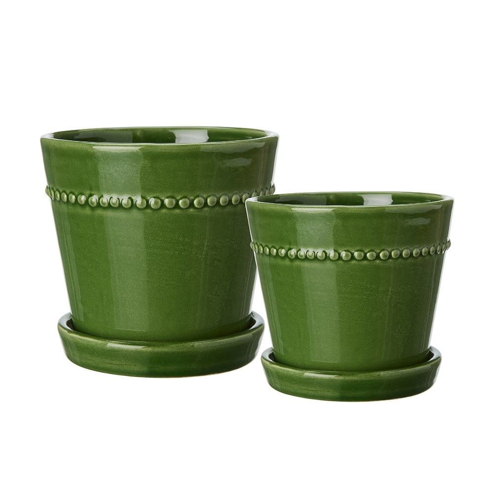 Set of 2 glazed plant pots with saucers - dark green 
