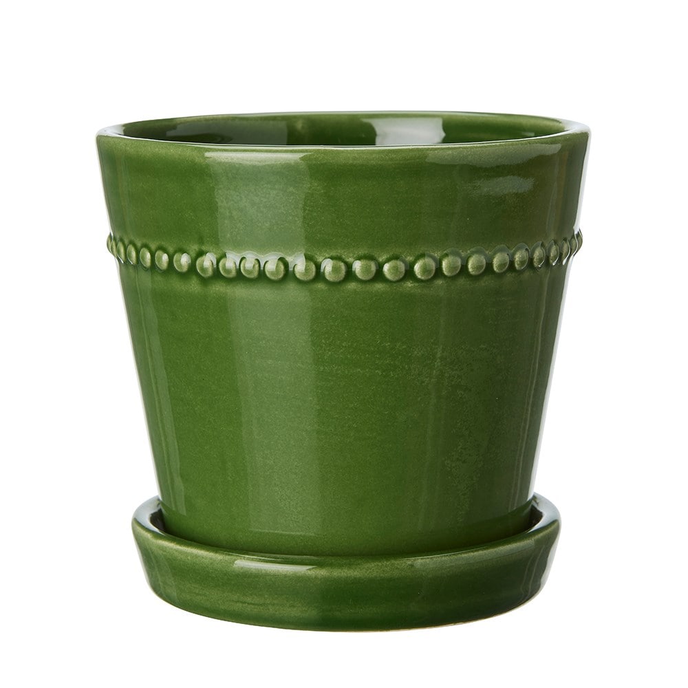 Set of 2 glazed plant pot with saucer - dark green 