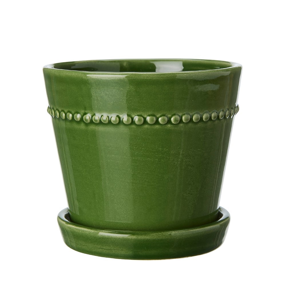 Set of 2 glazed plant pot with saucer - dark green 
