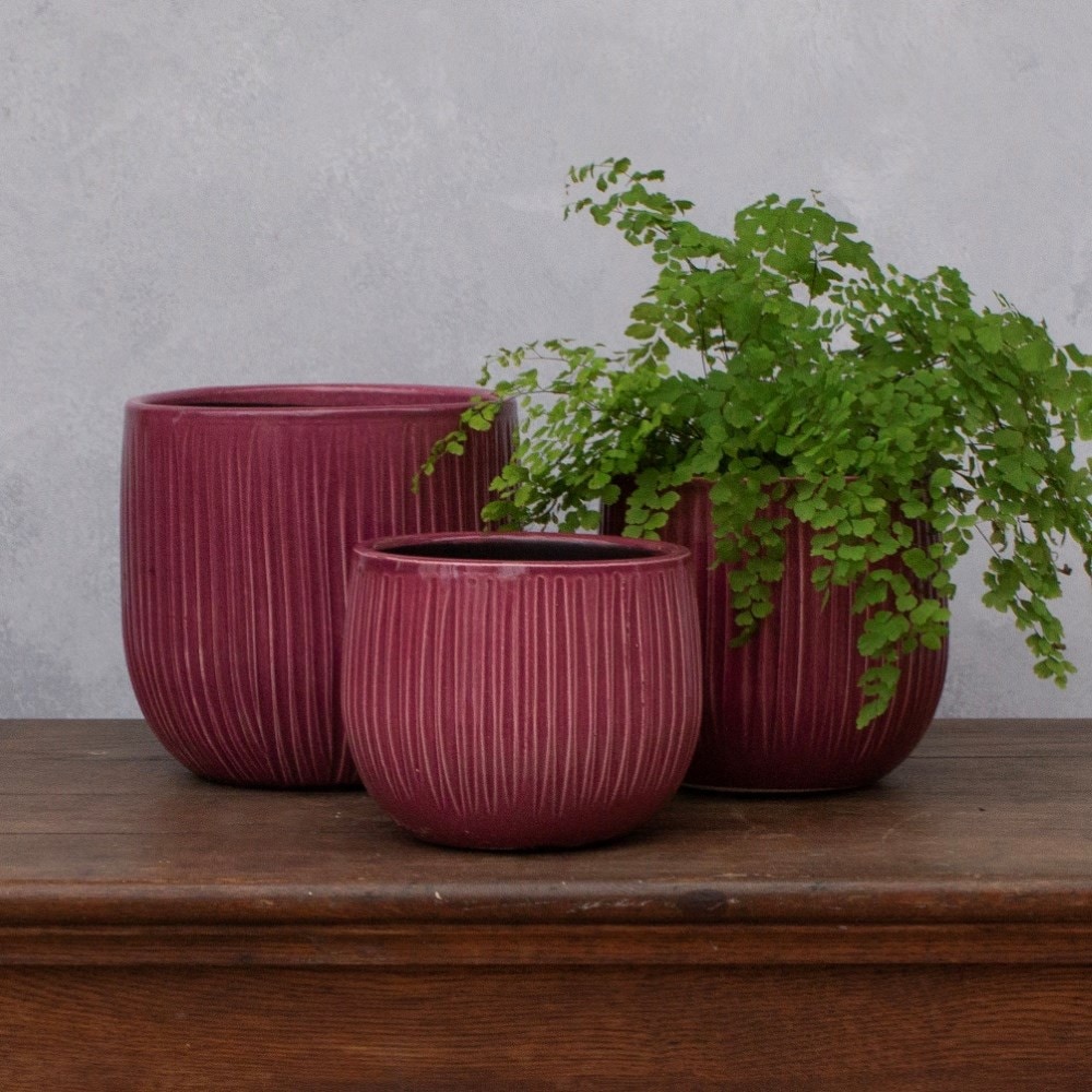 Glazed ribbed plant pot - dark pink