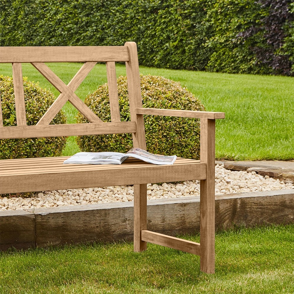 Light teak cross back bench