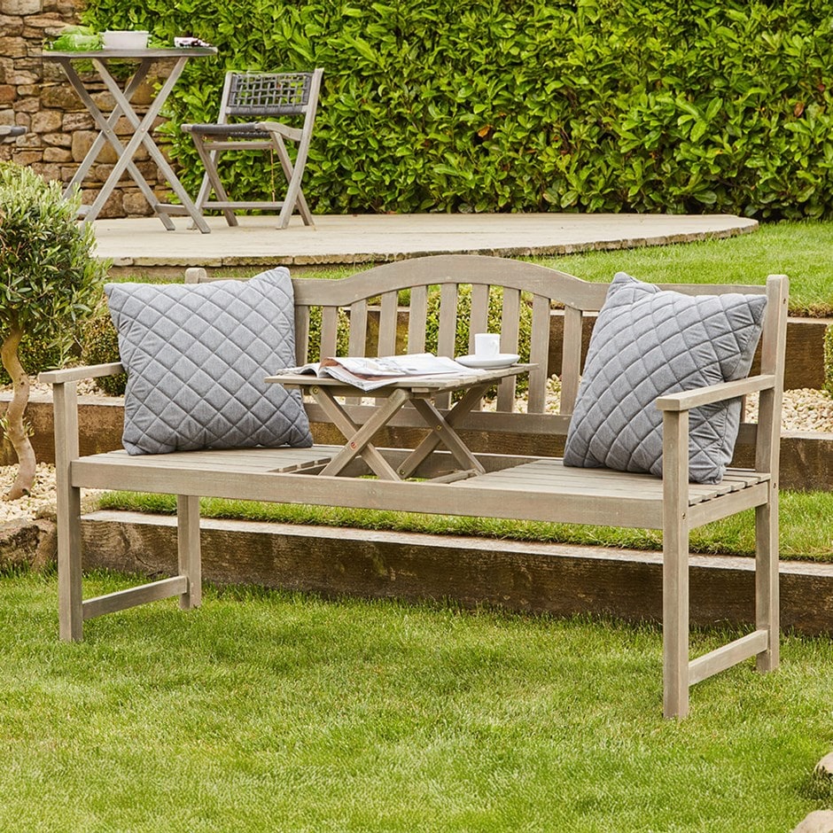 Garden bench with coffee table - greywashed