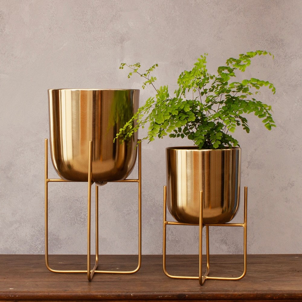 Indoor metal plant pot with stand - gold
