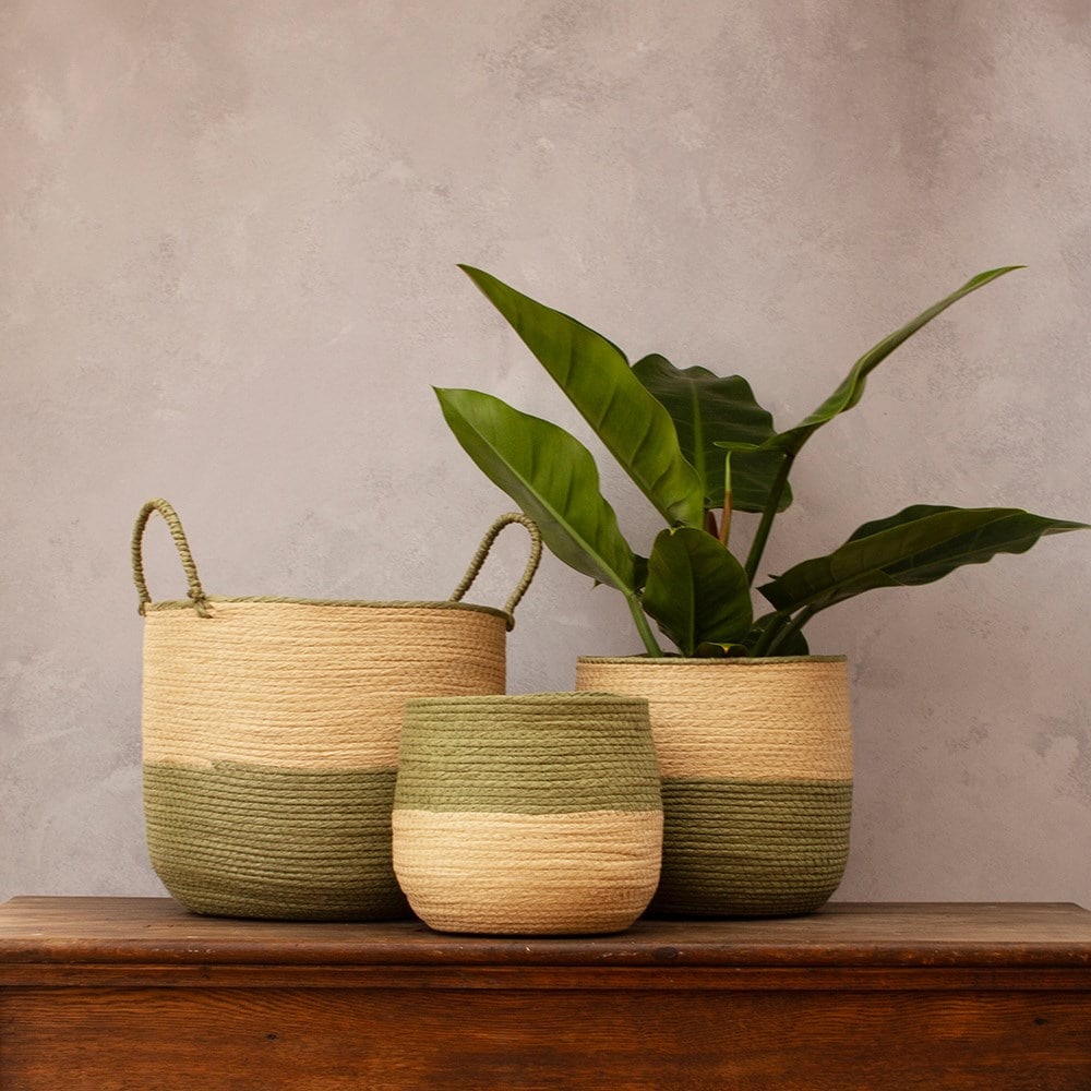 Set of three woven plant pot - khaki & beige