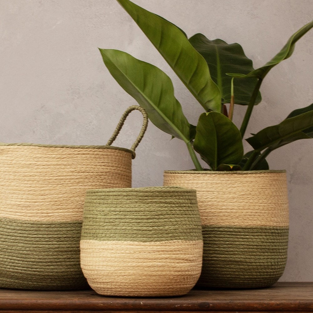Set of three woven plant pot - khaki & beige