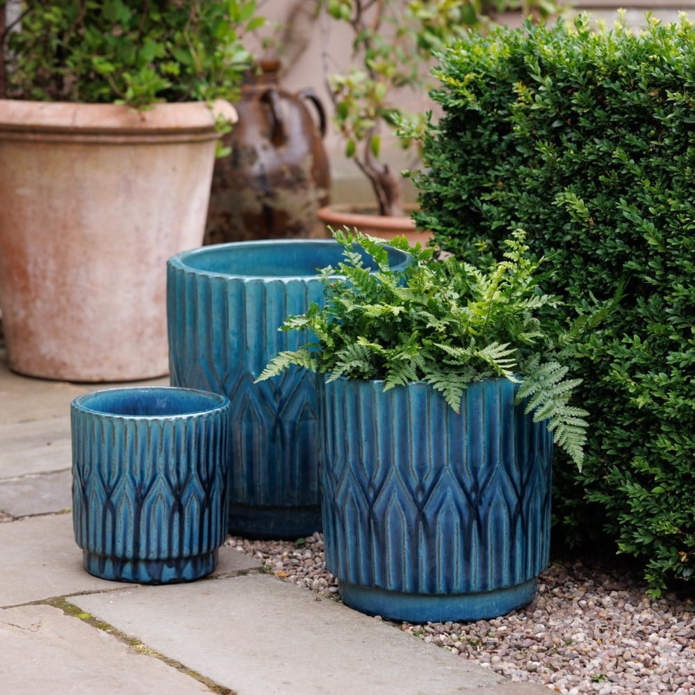Deco glazed terracotta pot - teal
