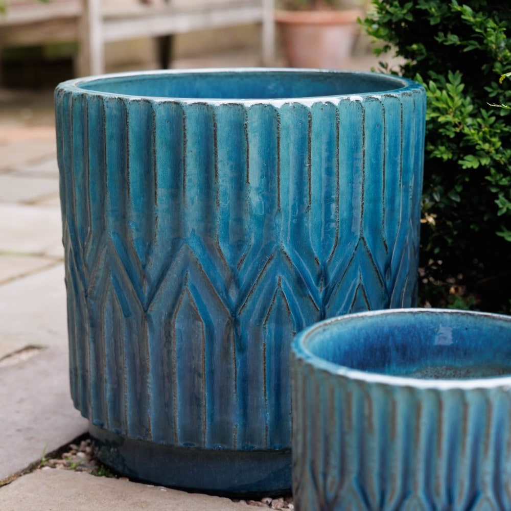Deco glazed terracotta pot - teal