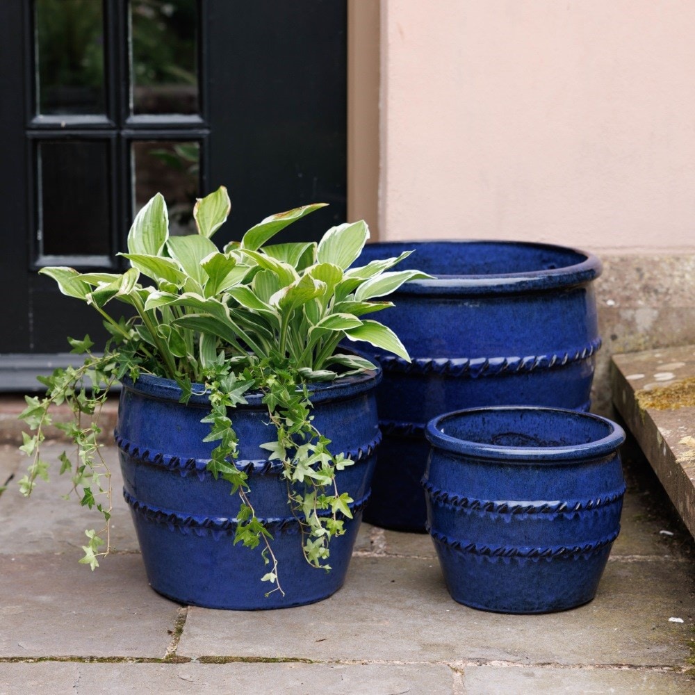 Glazed terracotta planter with rope detail - deep blue