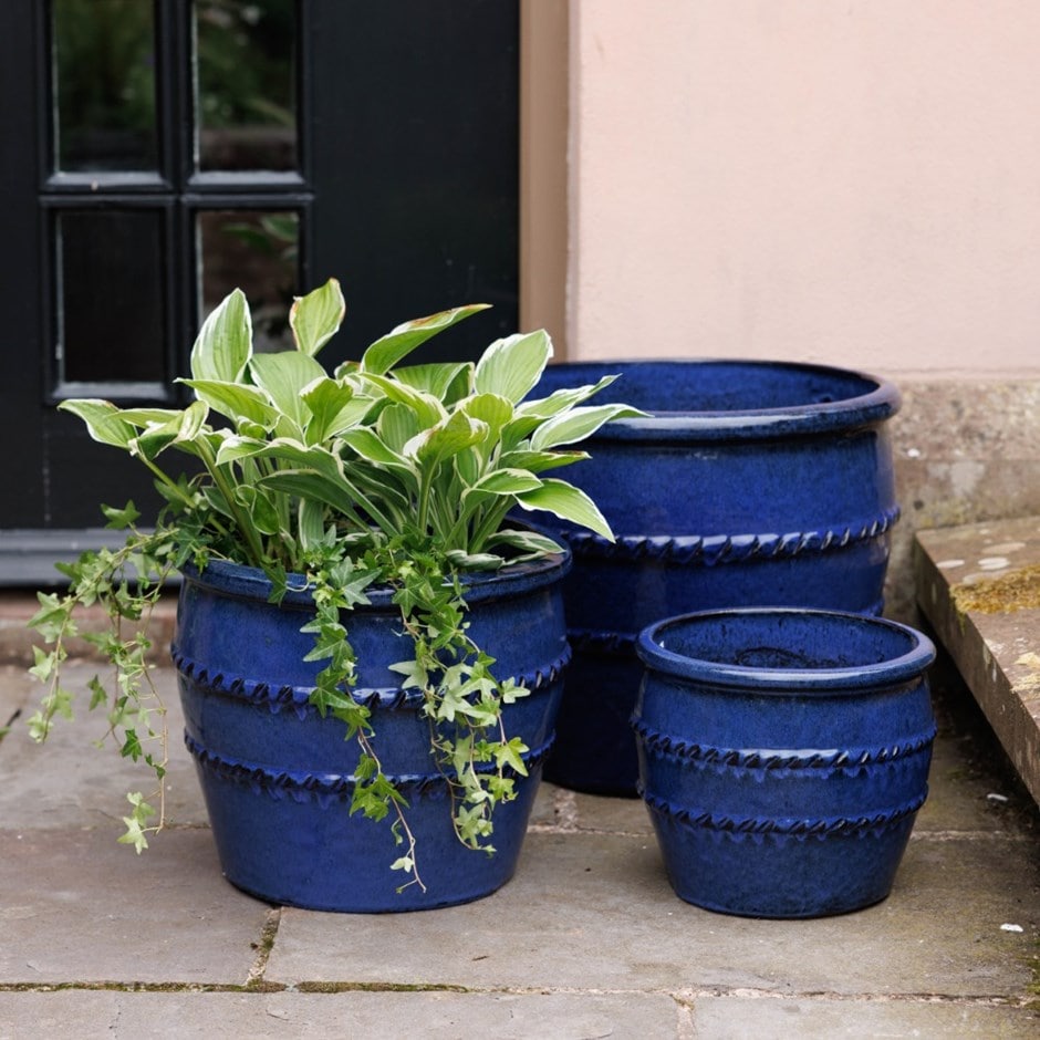Glazed terracotta planter with rope detail - deep blue