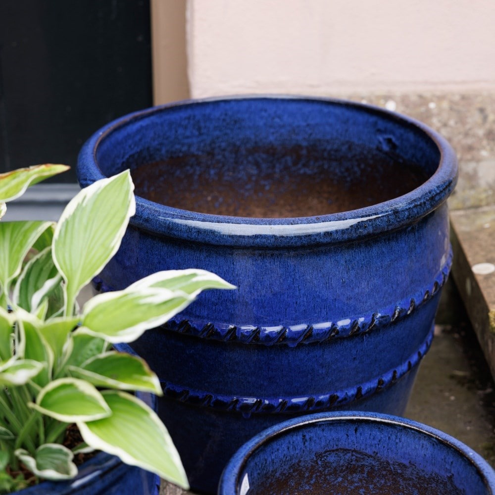 Glazed terracotta planter with rope detail - deep blue