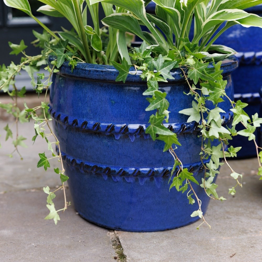 Glazed terracotta planter with rope detail - deep blue