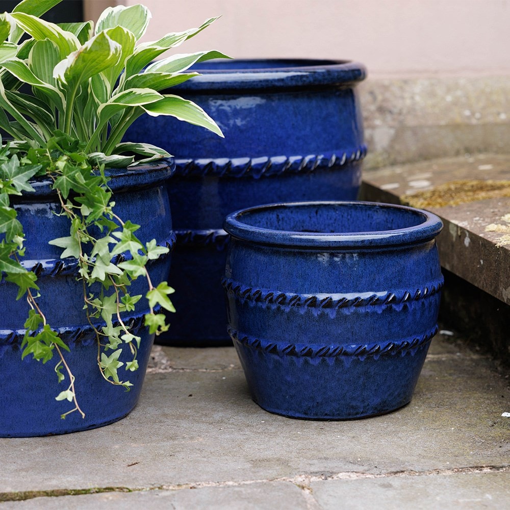 Glazed terracotta planter with rope detail - deep blue