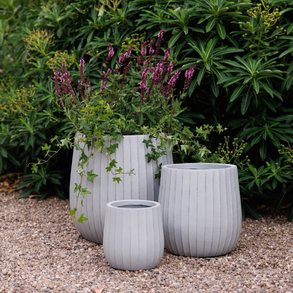 Set of three column ribbed pots - smoke grey